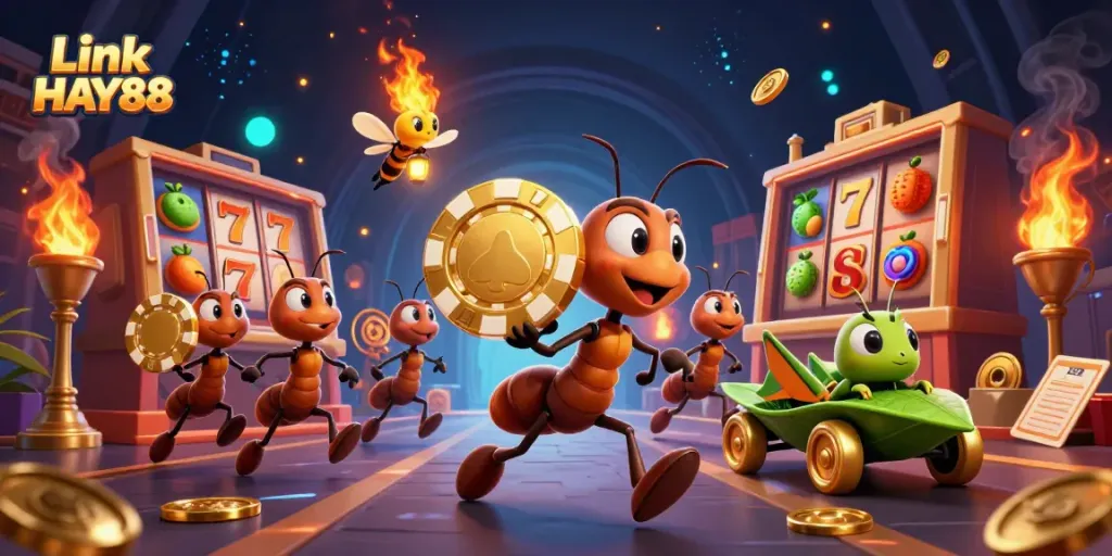 Watch the animated team of ants planning a heist involving the Link HAY88 poker chip in a colorful casino.