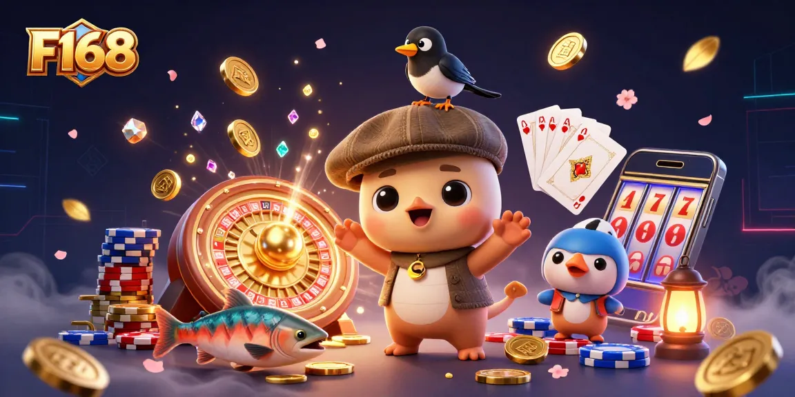 Immerse in F168's playful gaming world with a vibrant illustration of delightful characters and casino elements.