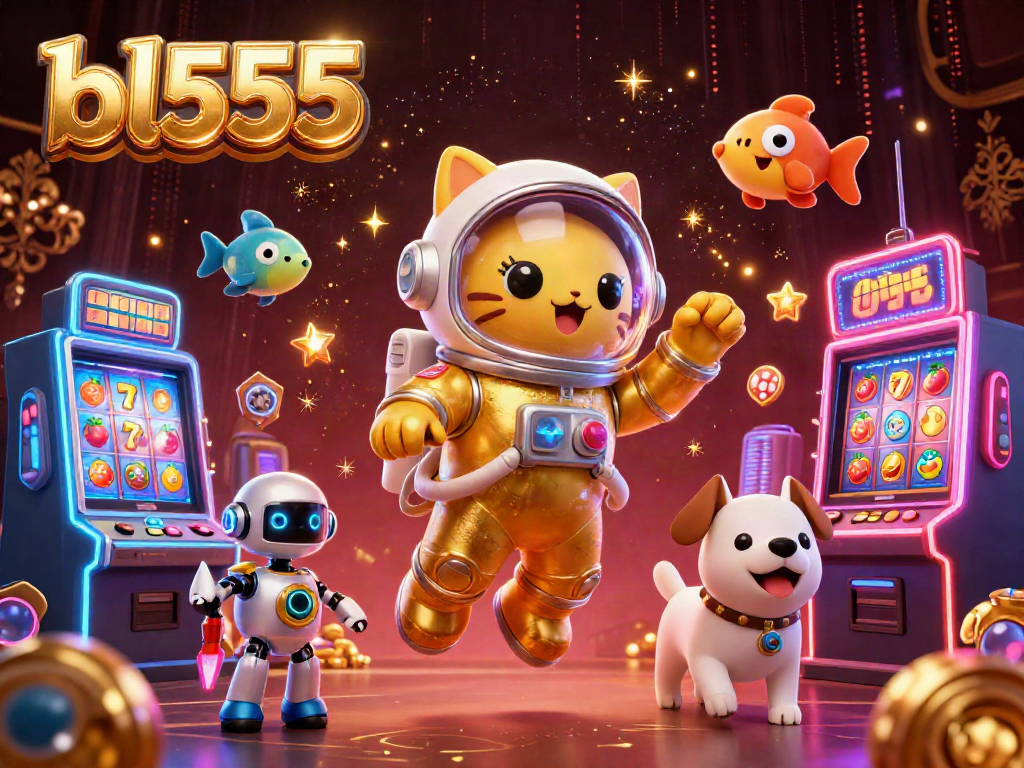 Spin the reels at bl555 with a space cat astronaut and a robotic dog in a vibrant 3D casino world.