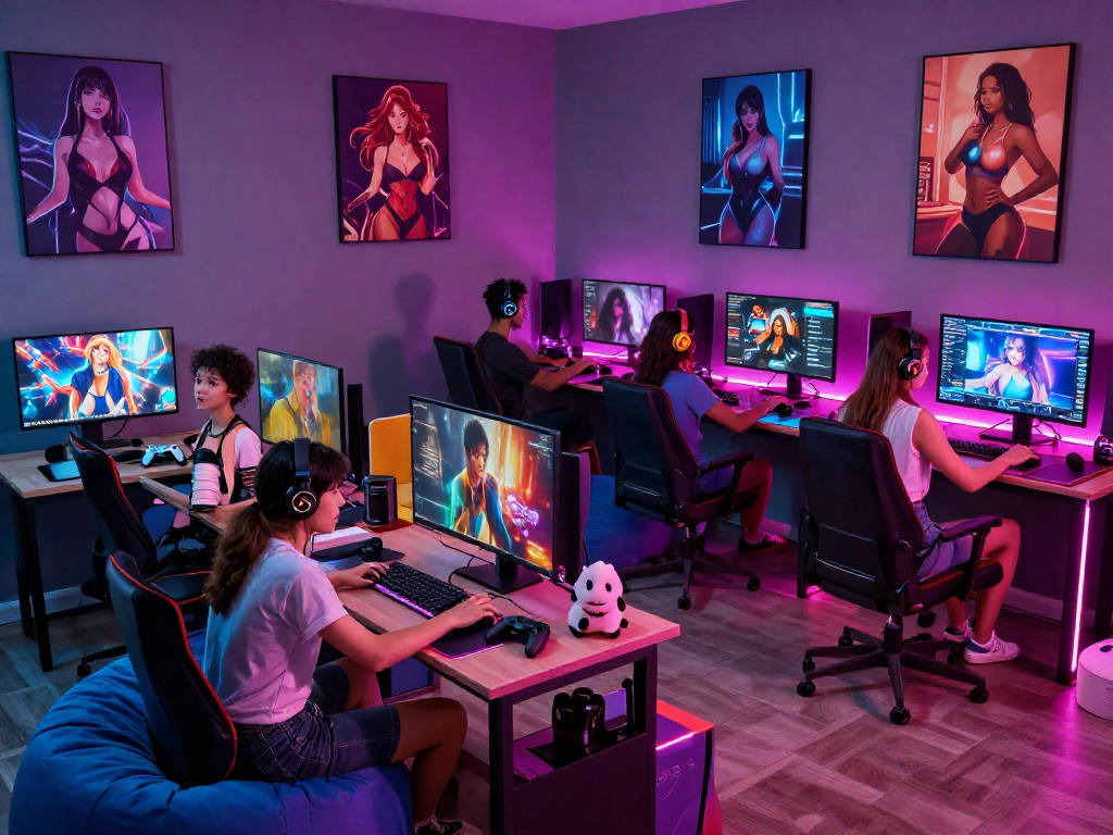 Engaging scene of diverse characters playing popular porno games in a vibrant gaming setup.