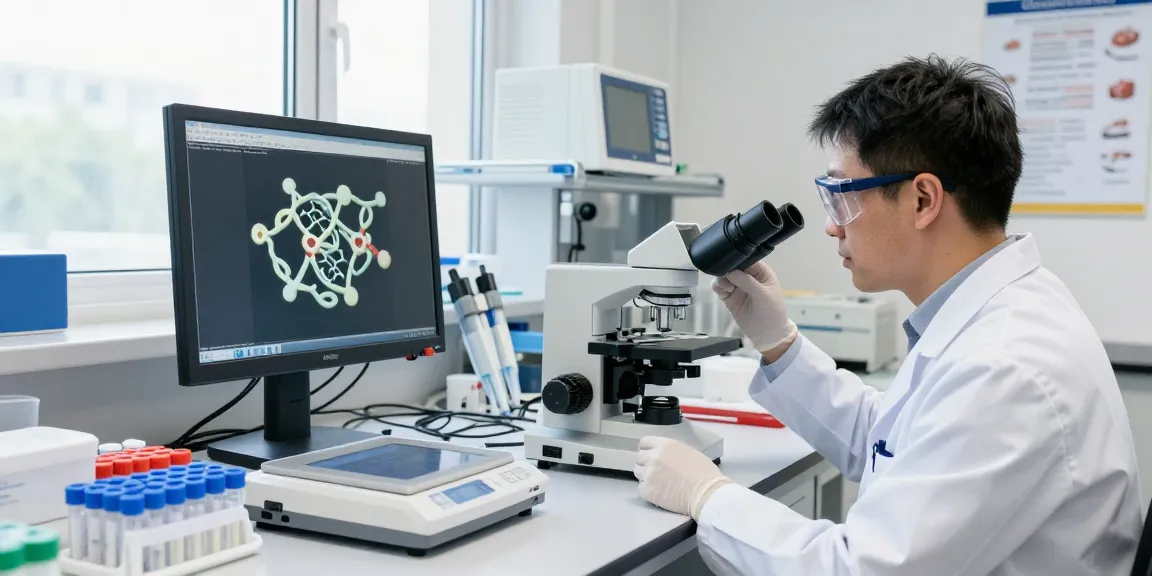 Scientist reviewing SwissChems Peptide samples in a high-tech laboratory environment.