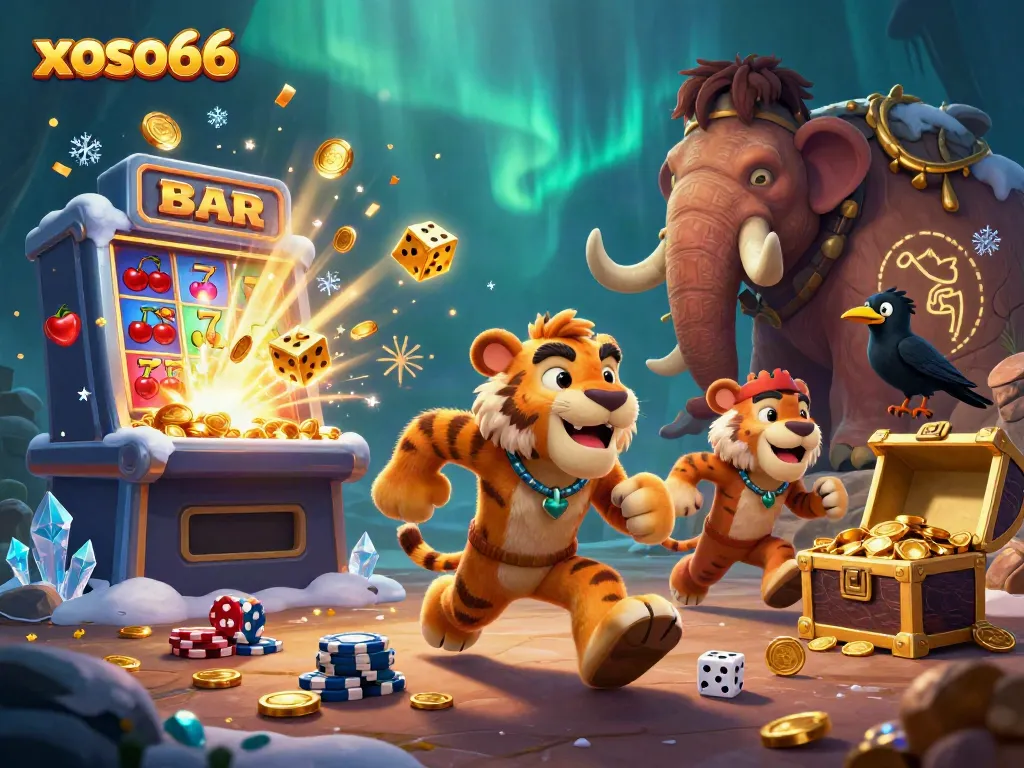 Experience thrilling wins with xoso66 in a vibrant casino scene combining prehistoric and modern elements.