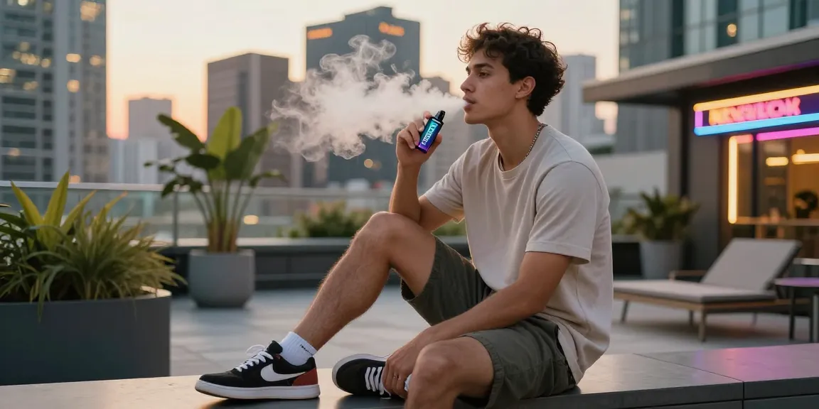Exhaling vapor from a Lost Mary disposable vape in USA's top disposable vapes scene.