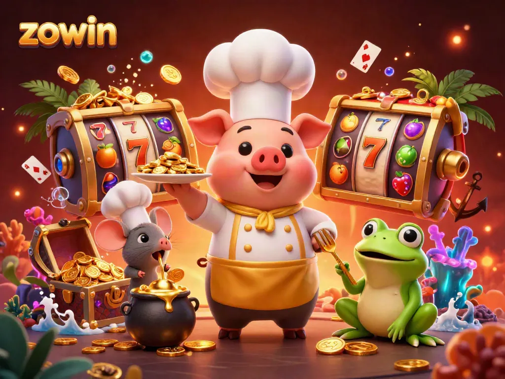 Zowin platform showcases a lively casino scene with cartoon characters in an energetic celebration of games and wealth.