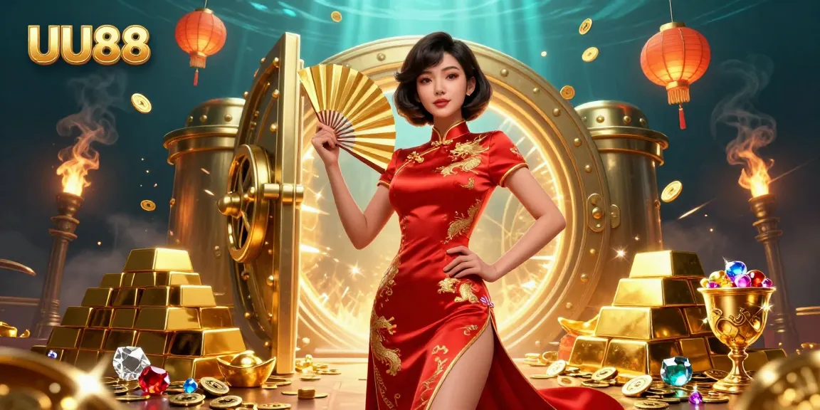 Experience winning strategies at UU88 with a vibrant casino illustration full of gems and gold.