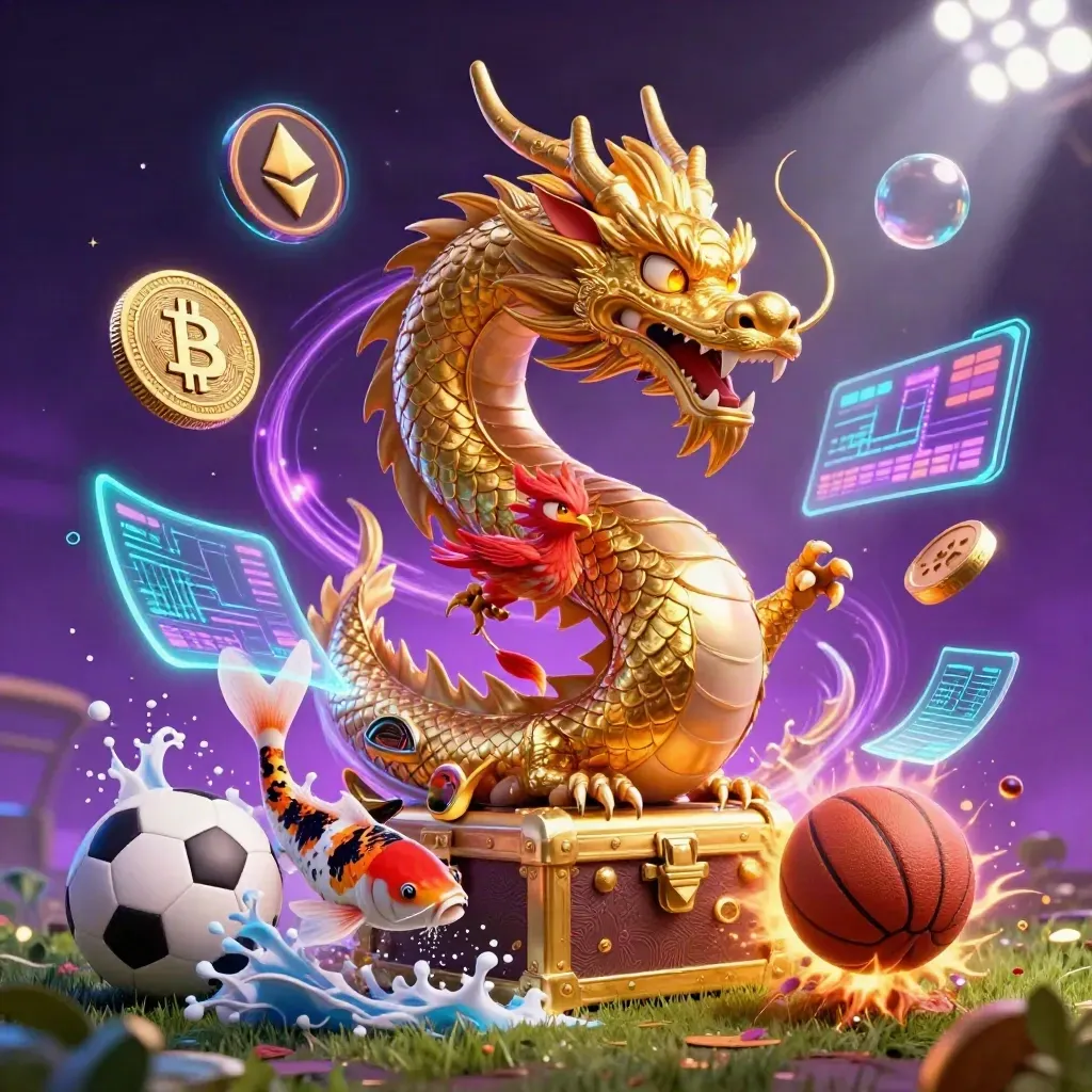 Golden dragon and phoenix with sports balls, coins, and neon casino effects in purple light.
