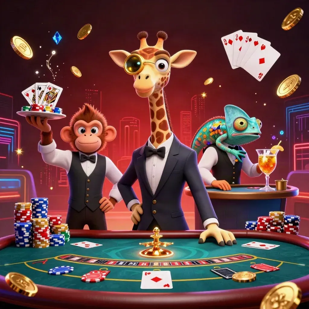 Suited giraffe, monkey valet, and chameleon bartender amid flying coins and neon casino lights.