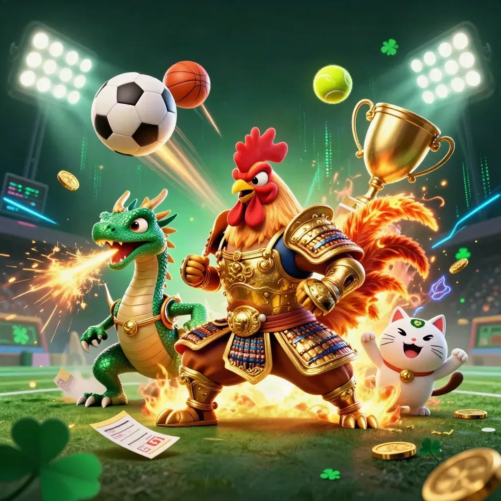 Rooster samurai, spark-breathing dragon hatchling, and fortune cat amid flying sports balls and gold sparks.