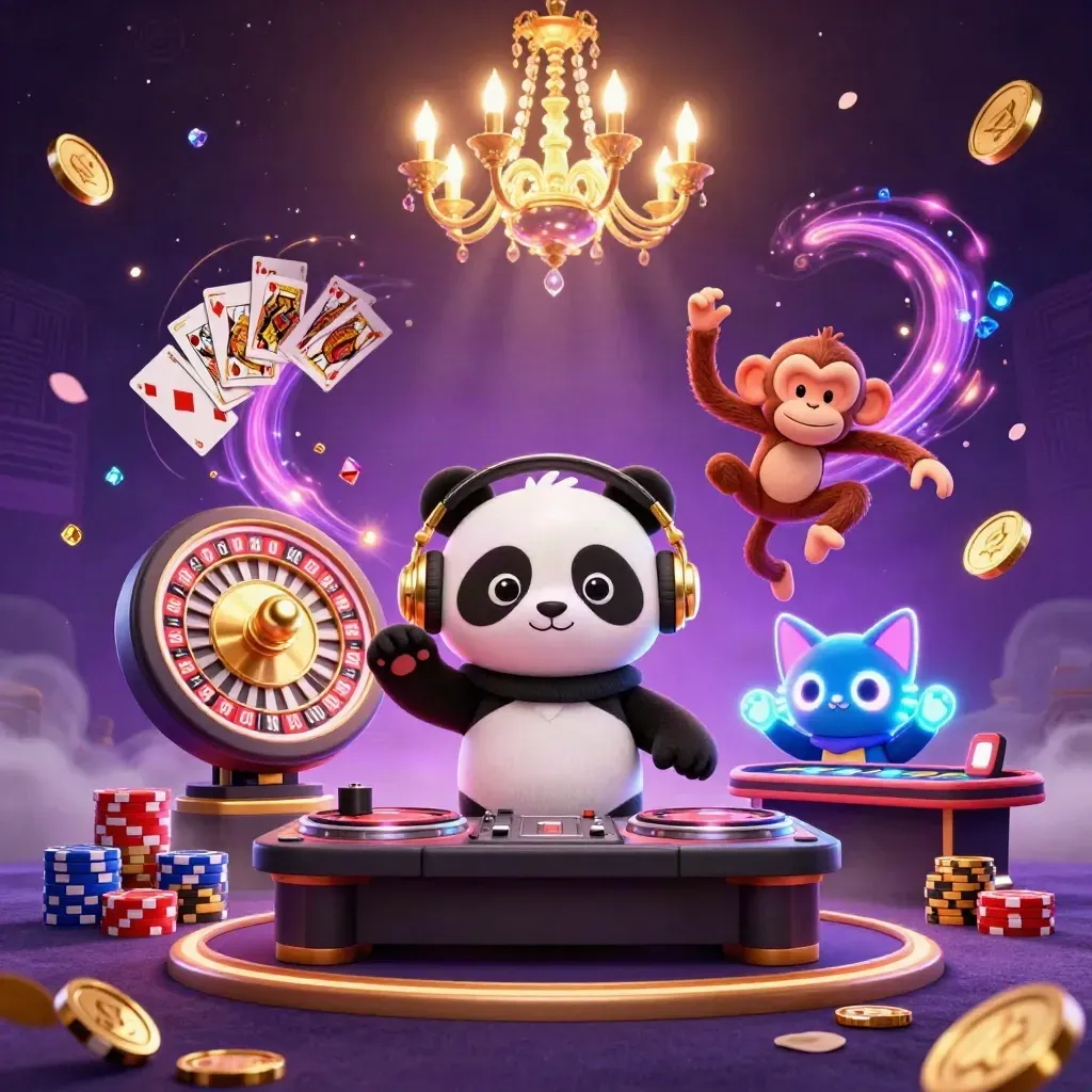 Panda DJ, dancing monkey and glow kitten amid casino lights, coins, gems, cards and neon smoke.