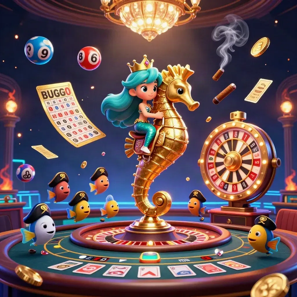 Mermaid princess on a seahorse amid casino game icons in a neon luxe chamber.