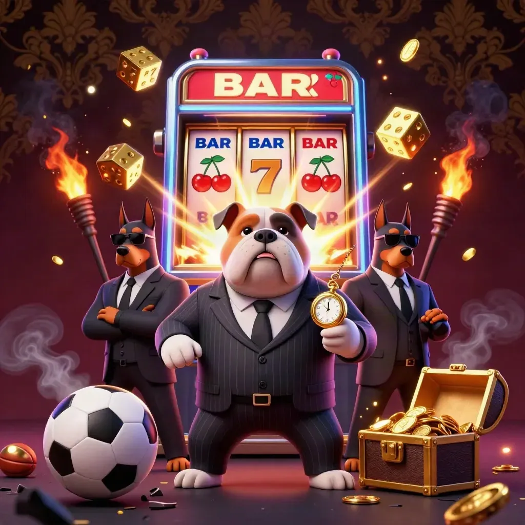 Bulldog boss and Dobermans explode through casino gold with sports balls and slot machine chaos.