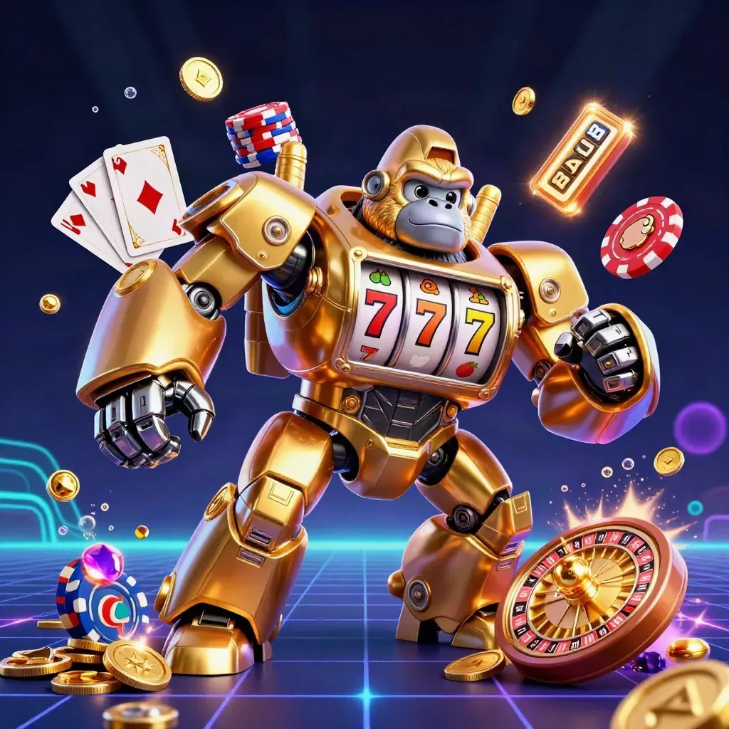 Golden gorilla mech with monkey pilot explodes coins, gems, roulette, chips and neon underwater light.
