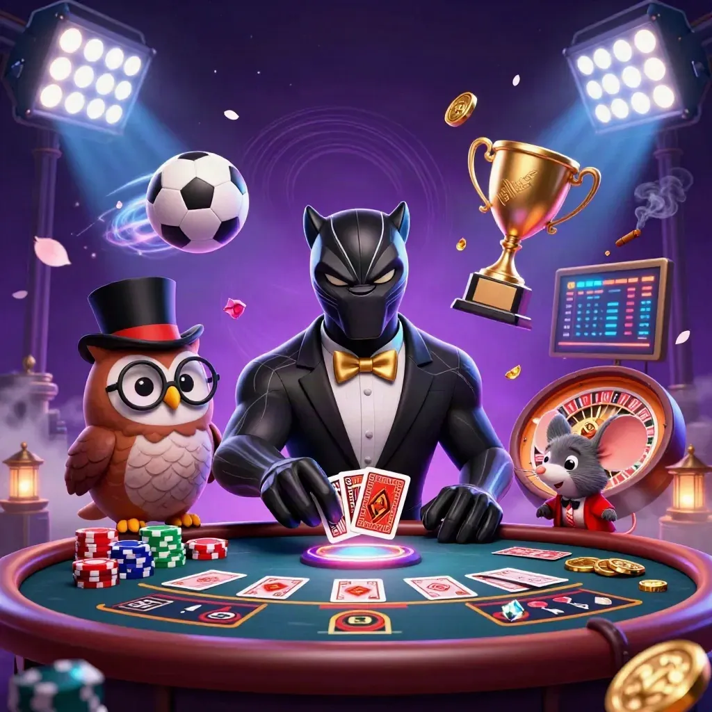 Panther, owl, and mouse in a luxe casino scene with flying sports balls and glowing gold accents.