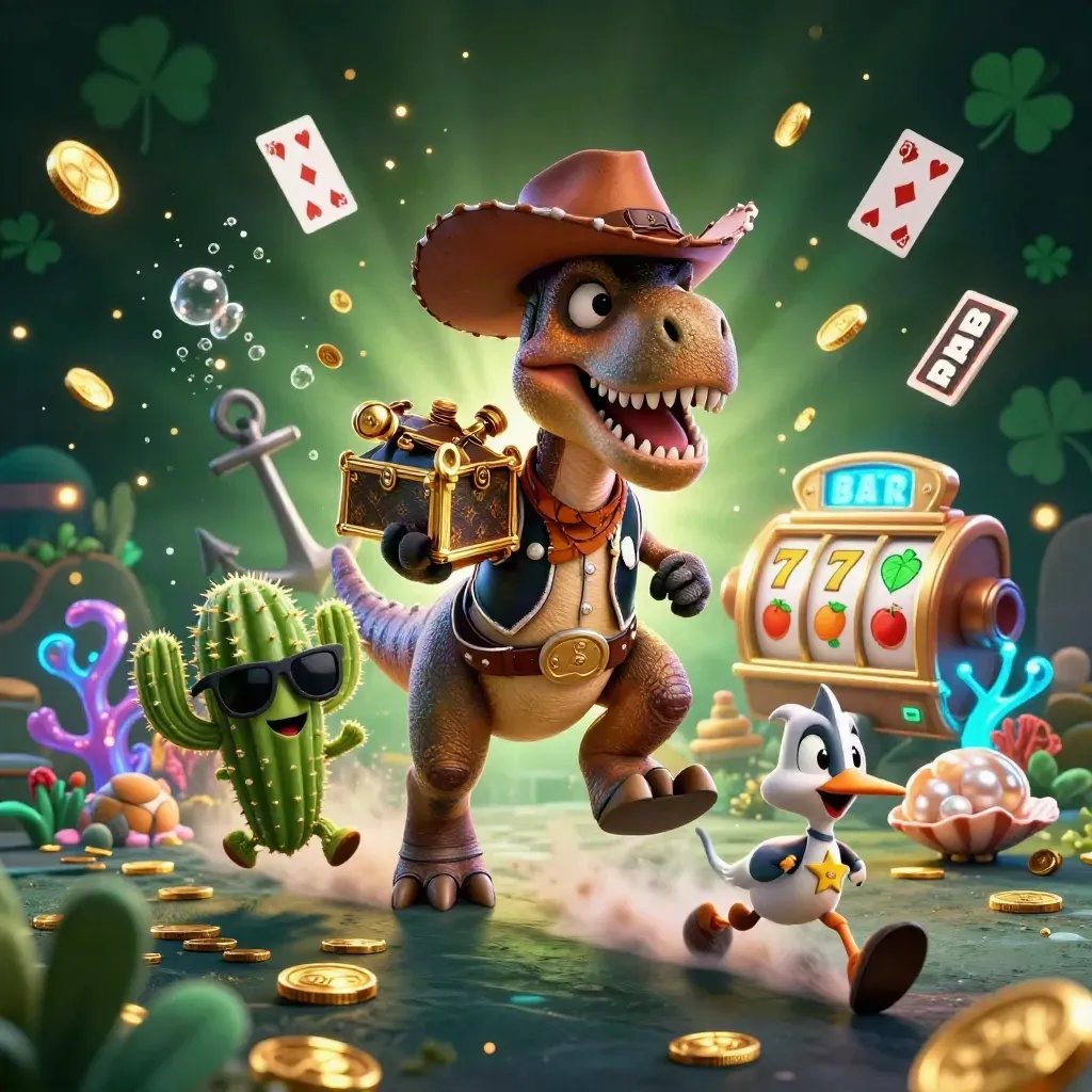 Cowboy T-Rex, cactus sidekick, and roadrunner amid treasure, coral, coins, and casino chaos.