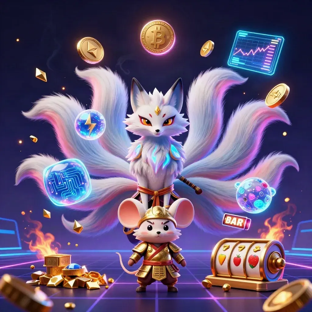Fox spirit and golden mouse amid neon coins, gems, reels, lightning, and a dark futuristic grid.