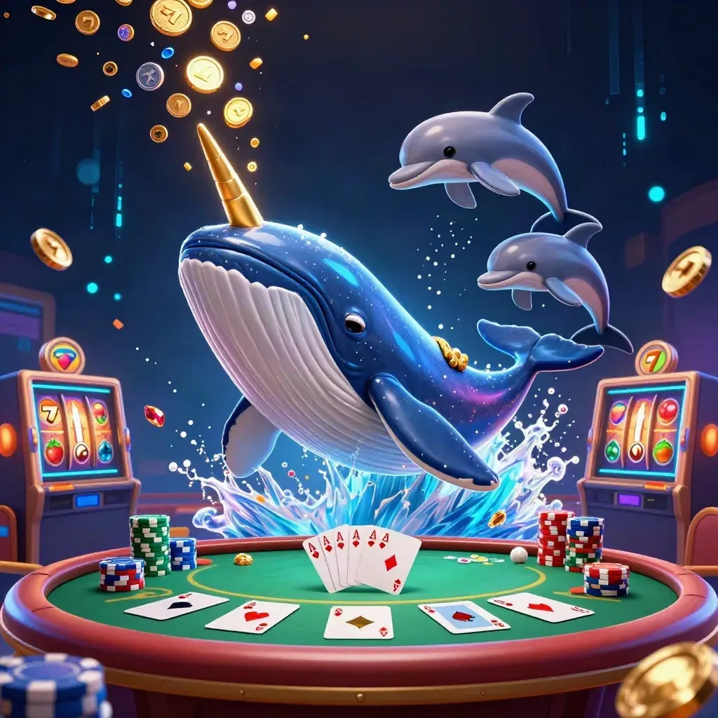 Whale captain, narwhal, and dolphins burst through coins amid casino chips and neon blue energy.