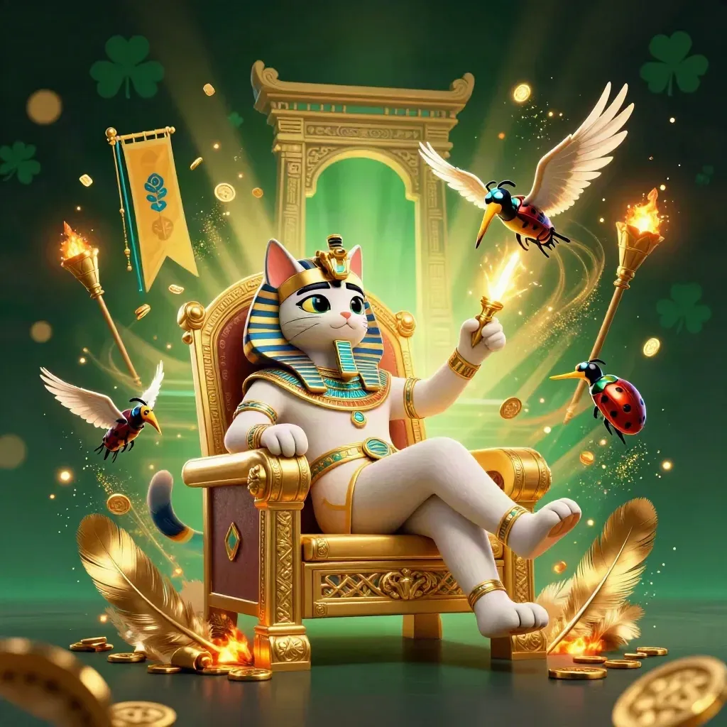 Pharaoh cat, ibis scribe, and gem-wing scarabs on a gold throne with coins, banners, and temple gate