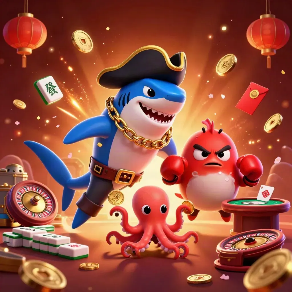 Pirate shark, pufferfish boxer, and octopus amid gold coins, lanterns, fireworks, and casino tables.