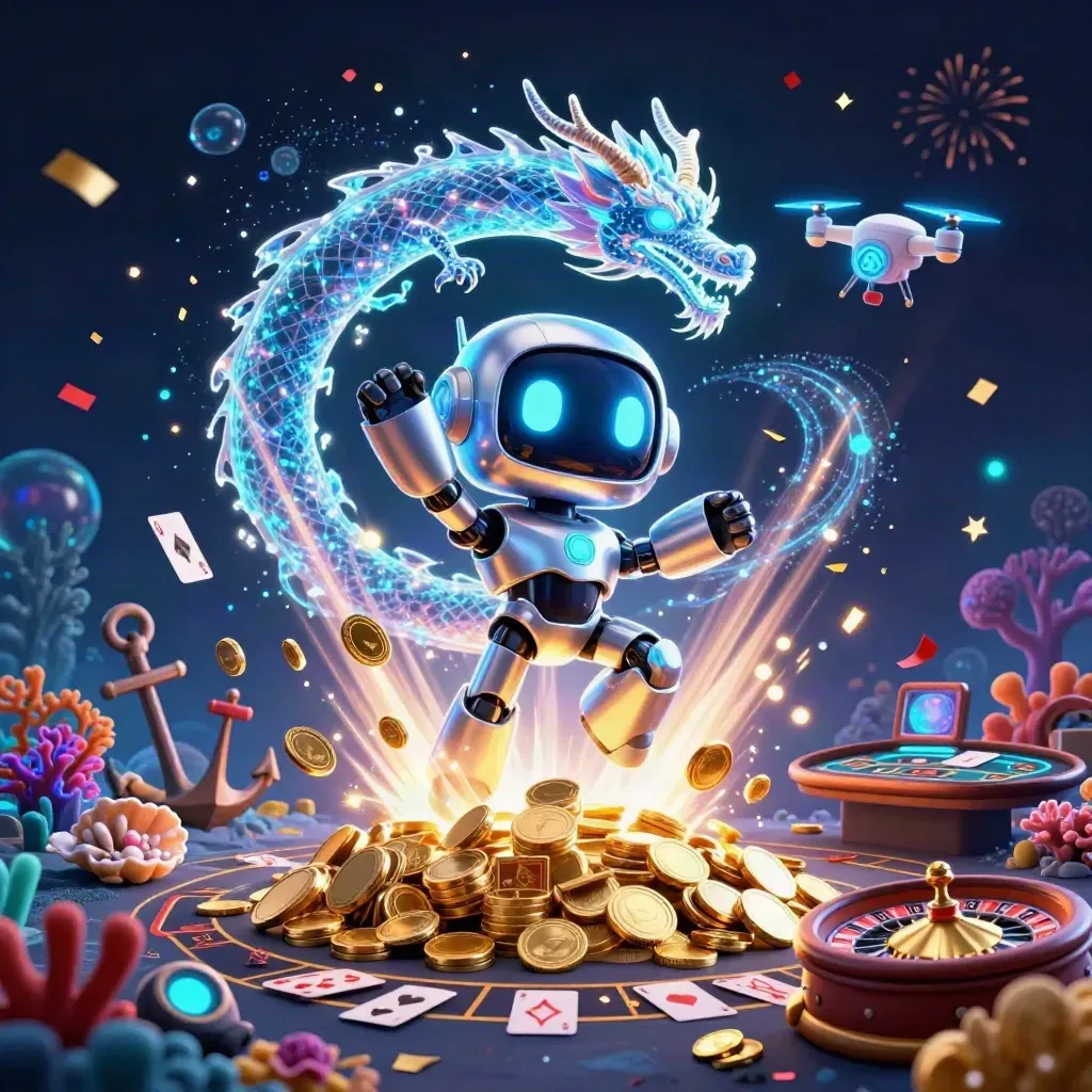 Cyberpunk robot, holographic dragon, and coin drone amid exploding gold coins and treasure