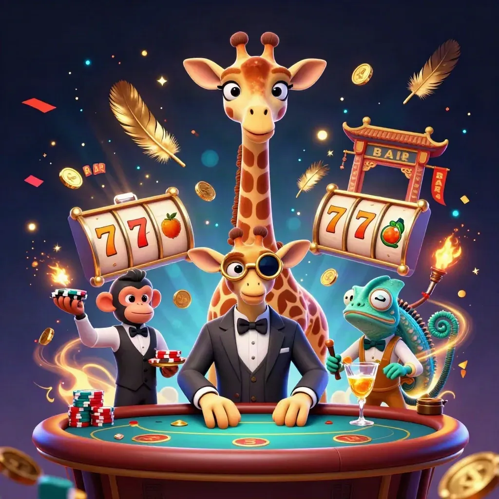 Neon casino trio: giraffe high roller, monkey valet, chameleon bartender amid gold sparks and reels.