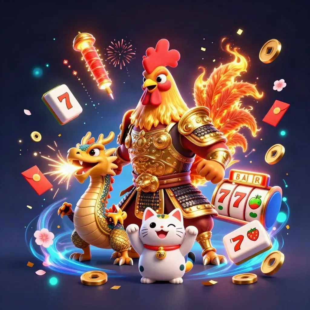 Rooster samurai, dragon hatchling, and lucky cat amid casino fireworks and coins