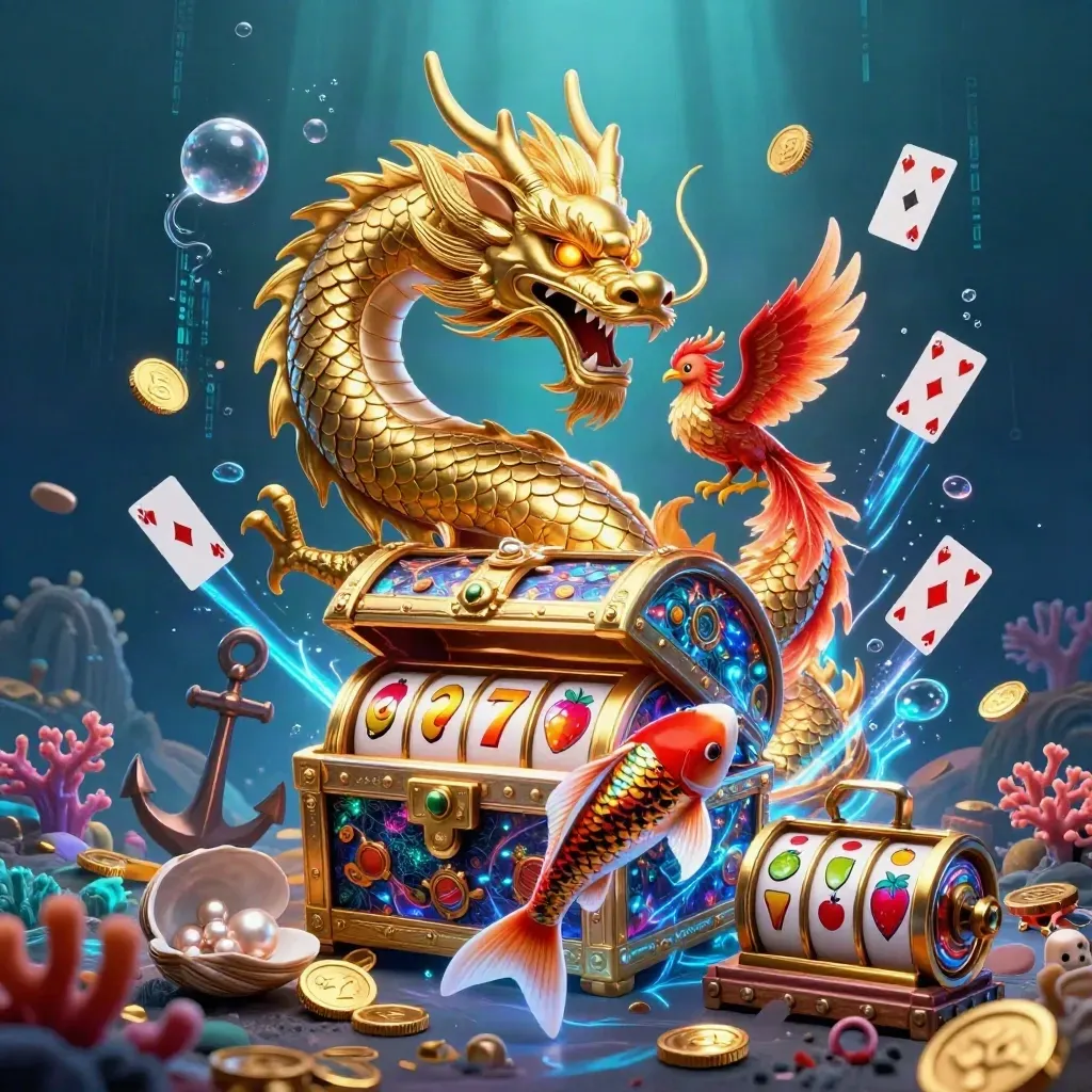 Golden dragon, phoenix, and koi around a treasure chest in an underwater casino cove