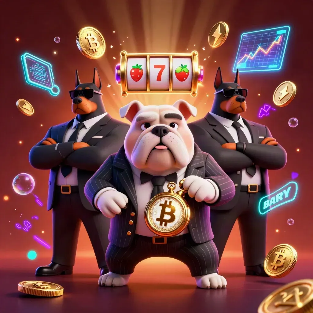 Bulldog boss and two dobermans amid neon coins, reels, lightning, and ember glow.