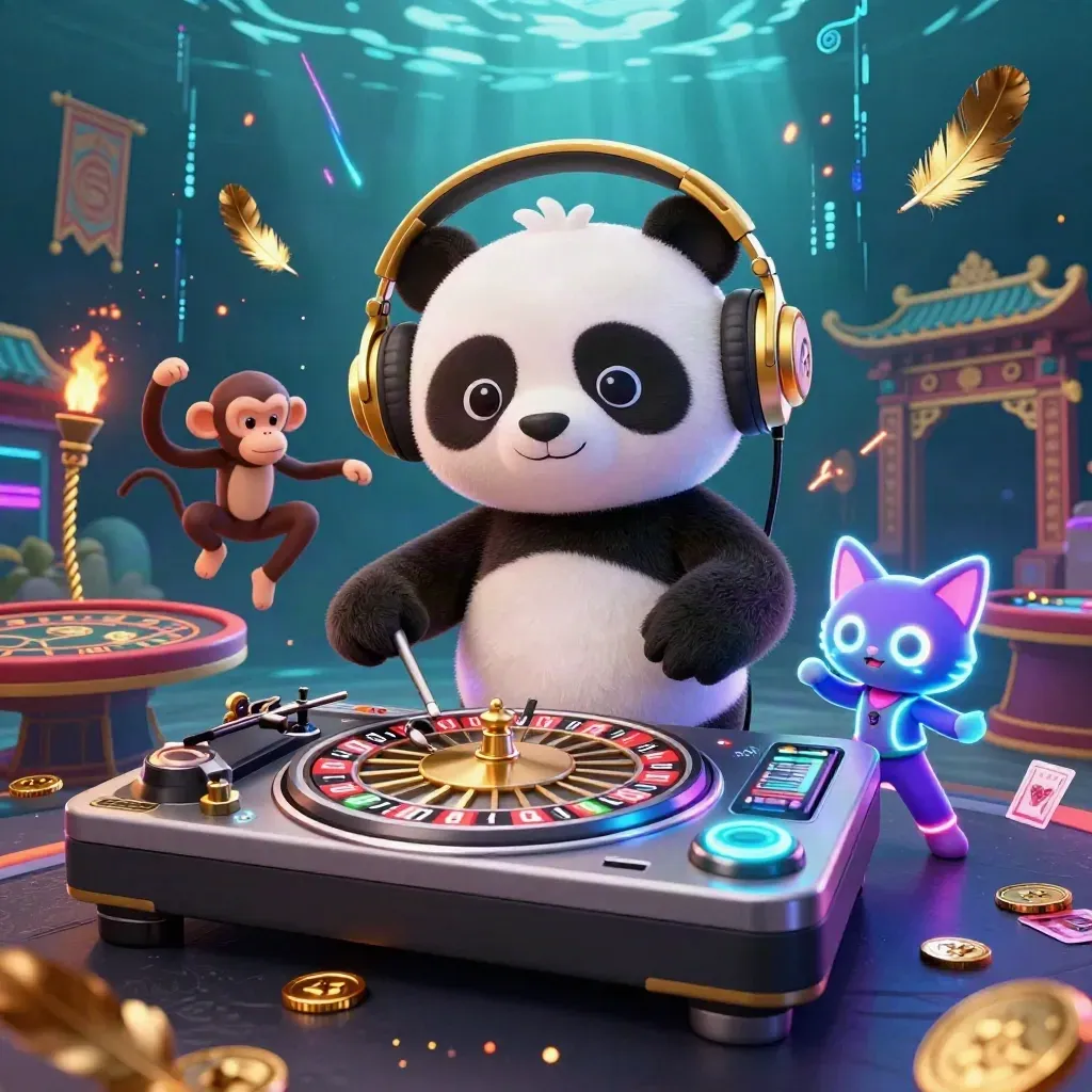 DJ panda, dancing monkey and glow-stick kitten amid casino props and neon energy underwater