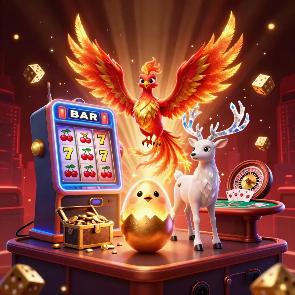 Crimson phoenix, hatching baby phoenix, crystalline stag, slot burst, gold and neon glow