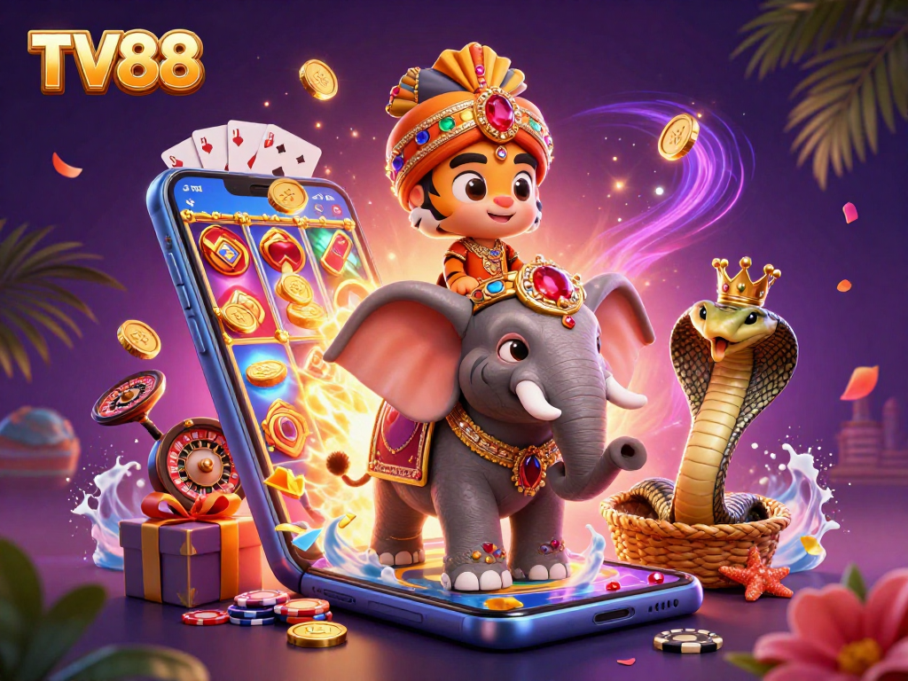Engage with thrilling games at TV88, featuring vibrant casino elements and rich illustrations.