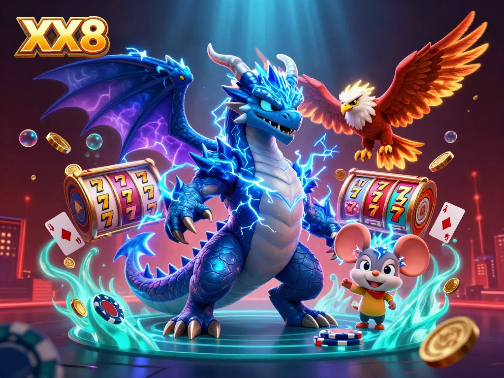 Experience thrilling slots action with XX8 featuring dynamic characters in a vibrant casino scene.