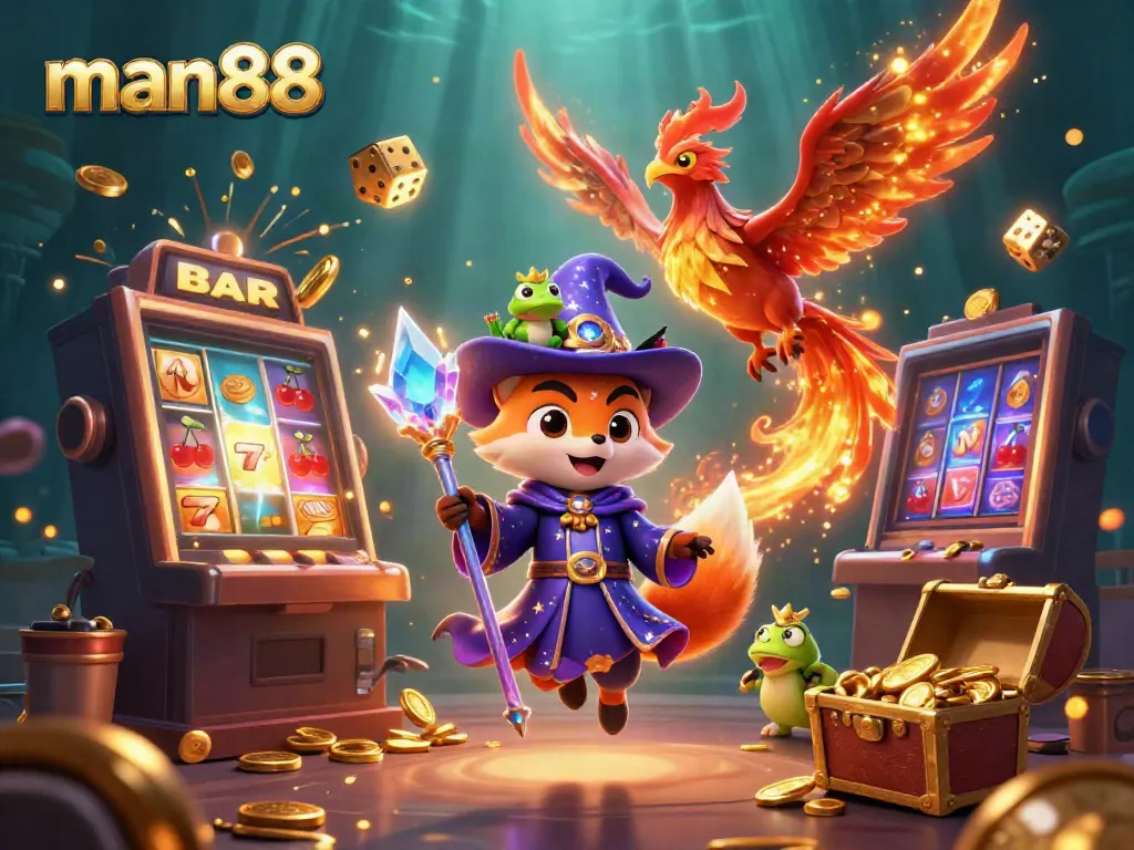 Experience big wins at man88 with a mystical wizard fox, phoenix, and riches bursting forth in a vibrant casino scene.