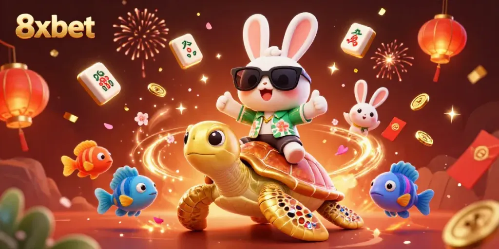 Engage in thrilling gameplay with 8xbet, showcasing a colorful 3D scene featuring lucky rabbit and golden turtle.
