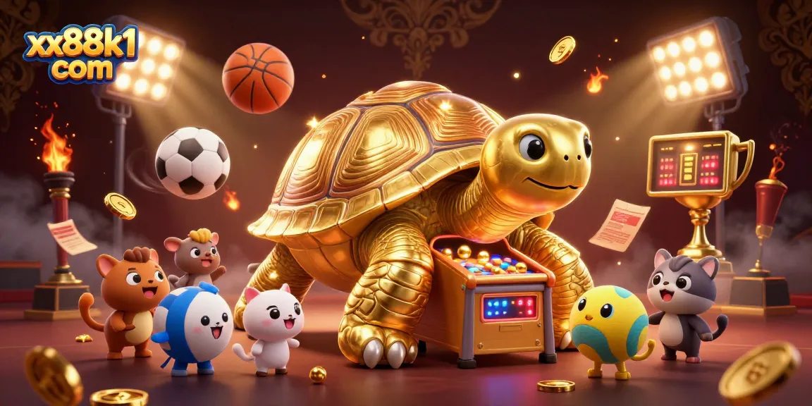 Join the excitement at xx88k1 com with a vibrant 3D casino adventure featuring golden tortoise gaming and sports elements.