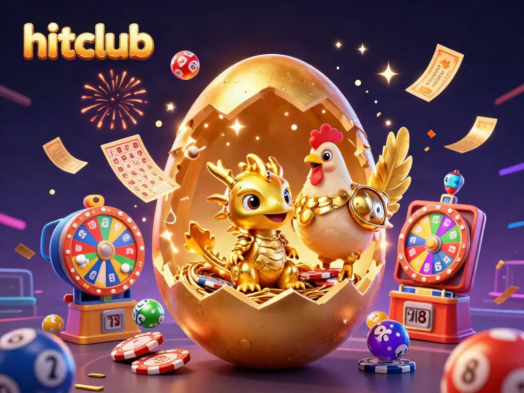 Hitclub showcases a magical scene with a golden dragon and poker chips amidst vibrant lottery elements.