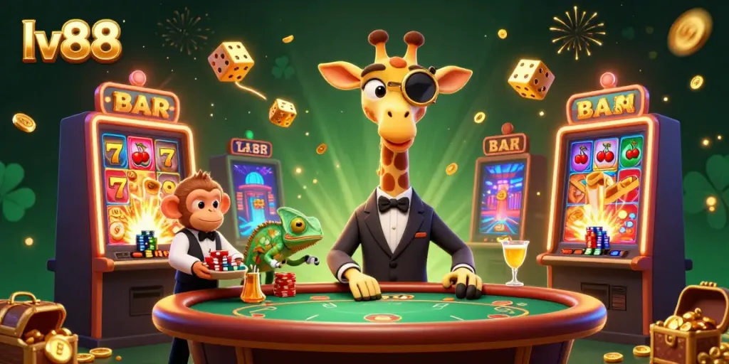 Experience the excitement of lv88 with lively characters, vibrant casino elements, and rich details in this dynamic scene.