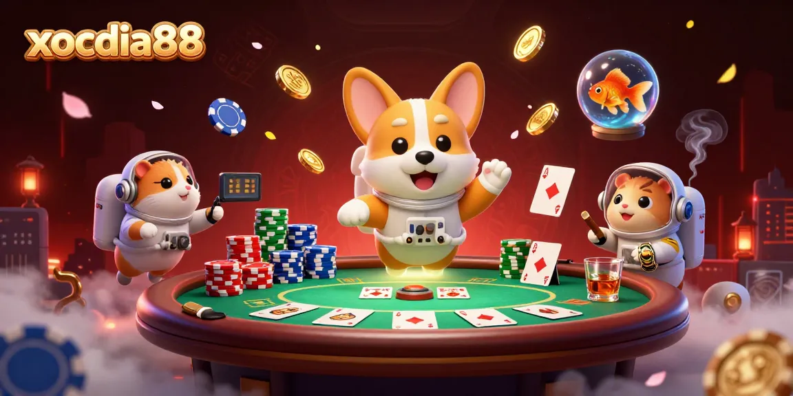 Xocdia88 showcases an astronaut corgi in a vibrant casino scene, winning with poker chips and glowing elements.