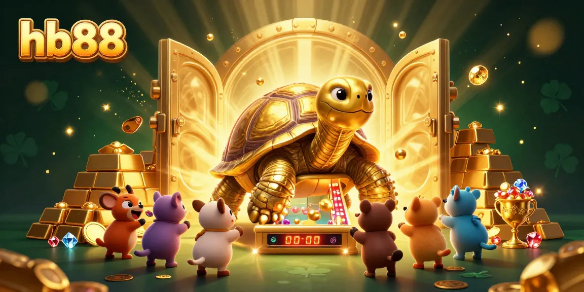 Join the excitement at hb88 with a vibrant 3D cartoon scene showcasing a golden tortoise and treasure!