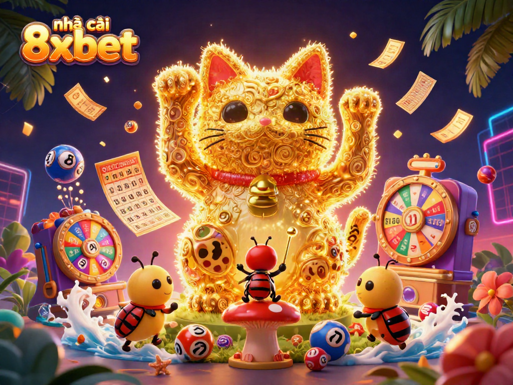 Engage with nhà cái 8xbet featuring a vibrant scene of a lucky cat made from fireflies amidst dynamic casino symbols.