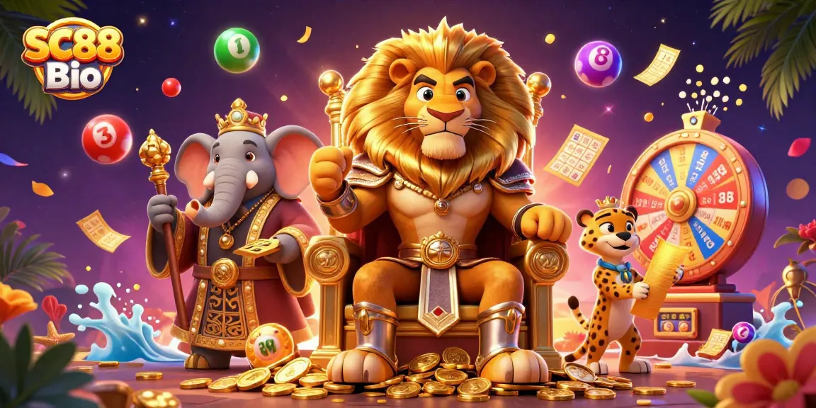 Engage with SC88 Bio’s vibrant lottery scene featuring a lion king, elephant advisor, and cheetah messenger.