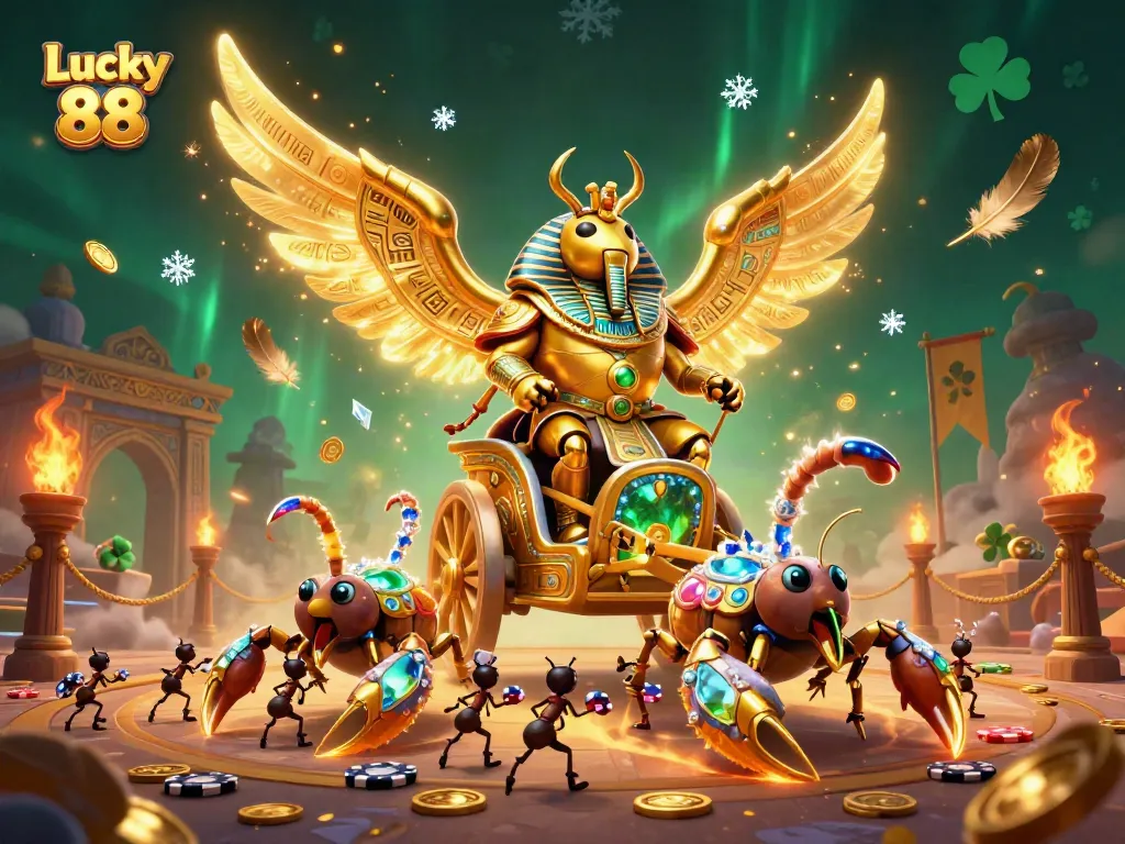 Experience thrilling action with Lucky 88, featuring a dazzling golden scarab and scorpions in this vibrant casino scene.
