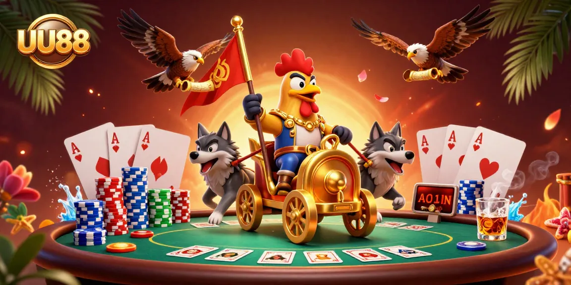 Engaging UU88 scene featuring a dynamic rooster warlord and poker elements in a casino setting.