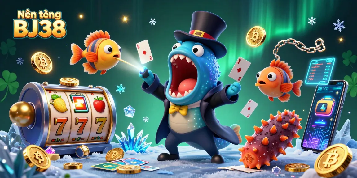 Experience the thrilling Nền tảng BJ38 with a vibrant 3D casino scene showcasing card tricks and glowing coins.