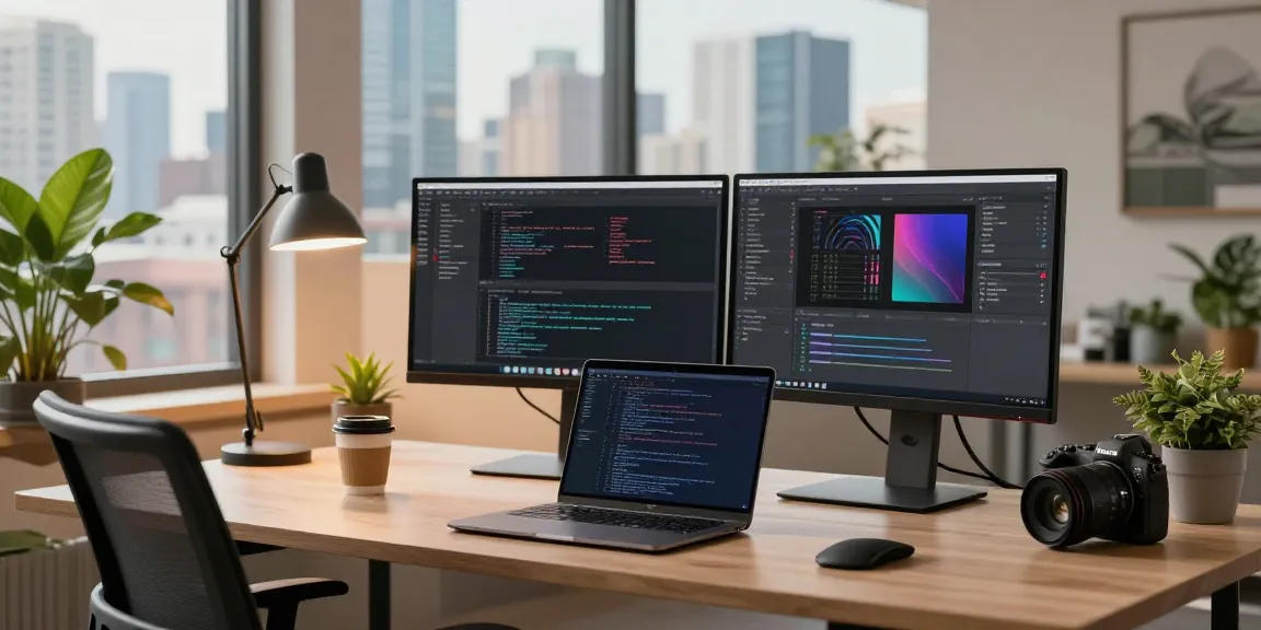 M5 MacBook displayed on a modern desk featuring dual monitors and a cozy workspace setup.