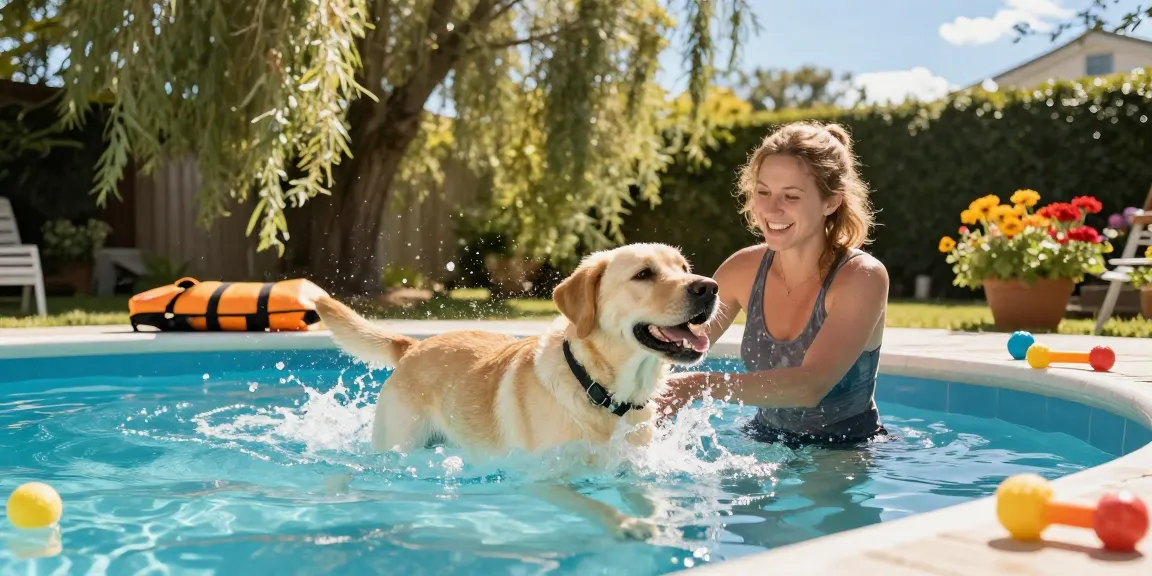 A happy dog learning how to teach your dog to swim in a sunny outdoor pool with toys and a life jacket nearby.