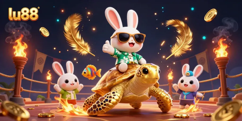 Experience excitement at lu88 with a lucky rabbit and golden turtle in a vibrant casino scene.