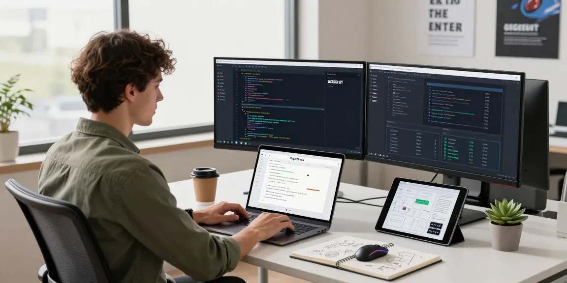 Ruangan kerja profesional dengan developer menggunakan GEGESLOT di laptop dan monitor modern.