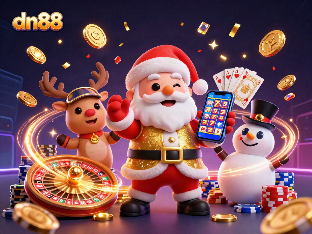 Experience winning moments at dn88's lively casino with Santa Claus and friends celebrating jackpots.