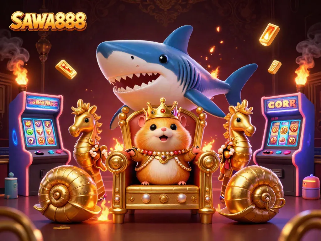Experience the vibrant casino adventure of SAWA888 with a hamster king and dynamic gaming elements.
