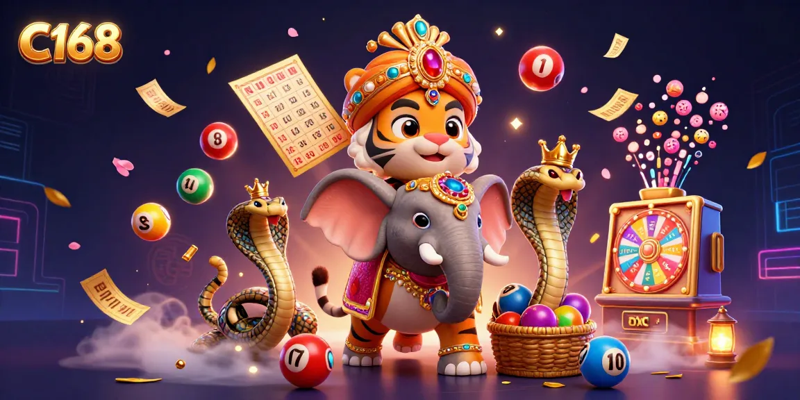 C168 offers exciting winnings in a vibrant casino scene with a maharaja tiger, elephant, and lottery elements.